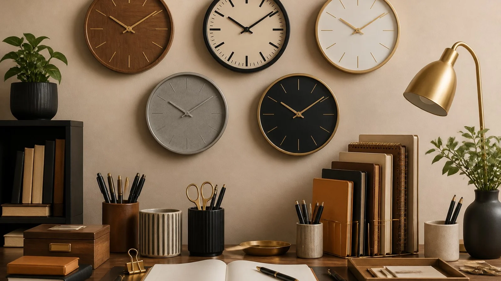 warm office wall clock and office workflow scene